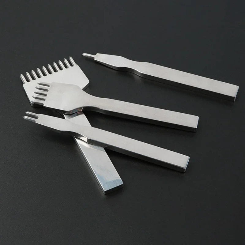 4Pcs DIY Leather Punch Tool Set 1 / 2 / 5 / 10 Tooth 4mm Spacing White Steel Diamond-Shape Chisel