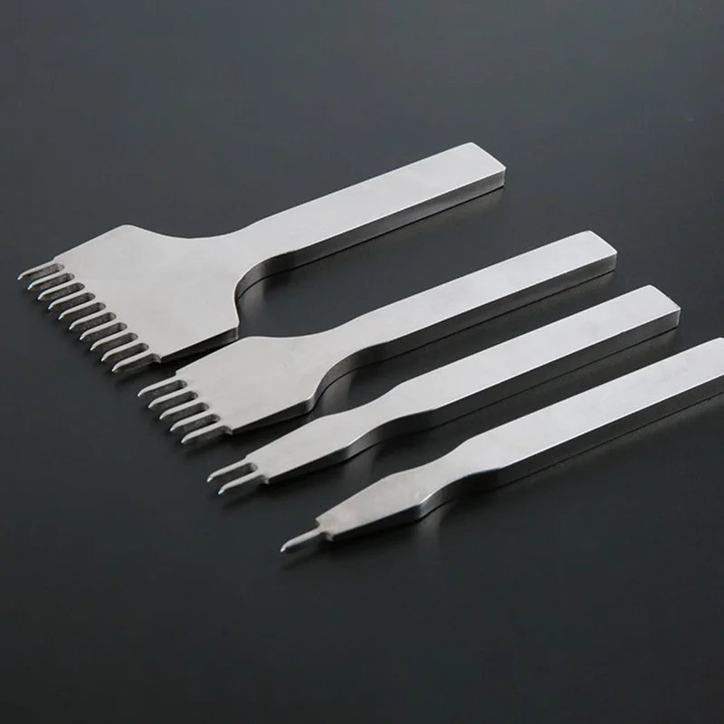 4Pcs DIY Leather Punch Tool Set 1 / 2 / 5 / 10 Tooth 4mm Spacing White Steel Diamond-Shape Chisel
