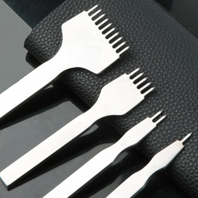 4Pcs DIY Leather Punch Tool Set 1 / 2 / 5 / 10 Tooth 4mm Spacing White Steel Diamond-Shape Chisel