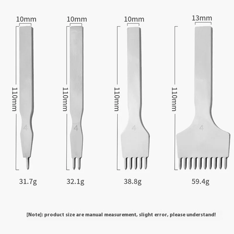 4Pcs DIY Leather Punch Tool Set 1 / 2 / 5 / 10 Tooth 4mm Spacing White Steel Diamond-Shape Chisel
