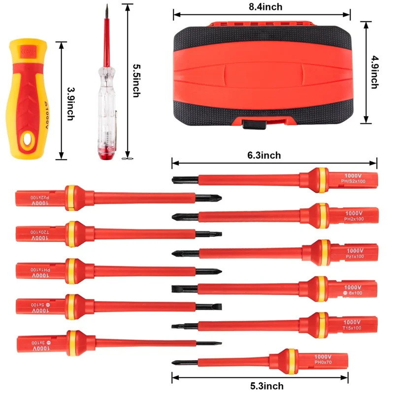 13Pcs Phillips Flathead Insulated Screwdriver Set High Voltage Electrician Tool Kit with Storage Case