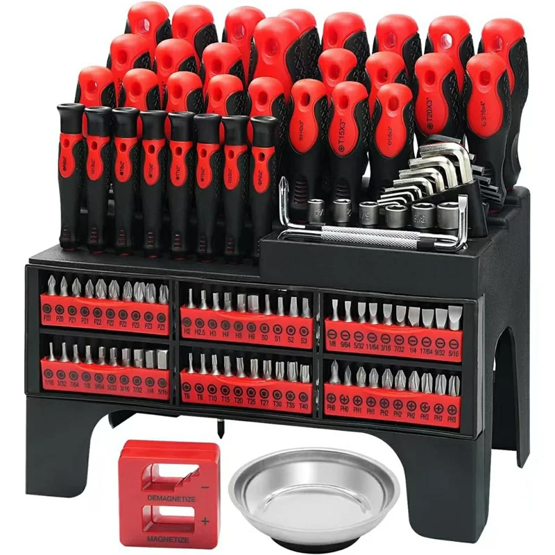 118Pcs Magnetic Screwdriver Set with Magnetizer Demagnetizer Tool Kit for Electronics Repair - Red