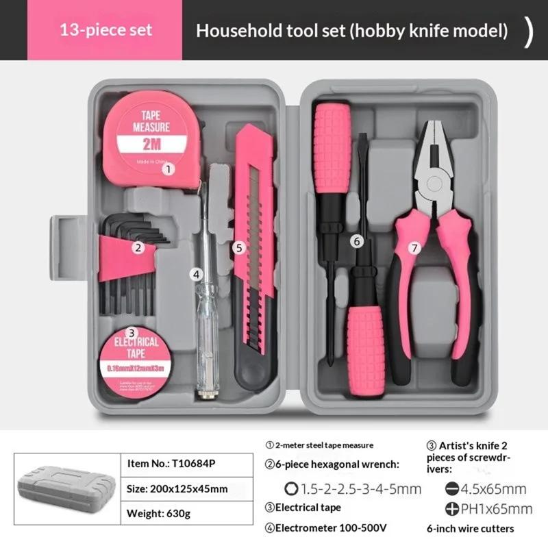 13Pcs Tool Kit Set Home Repair Tool Box with Utility Knife Pliers Screwdriver Measuring Tape - Pink