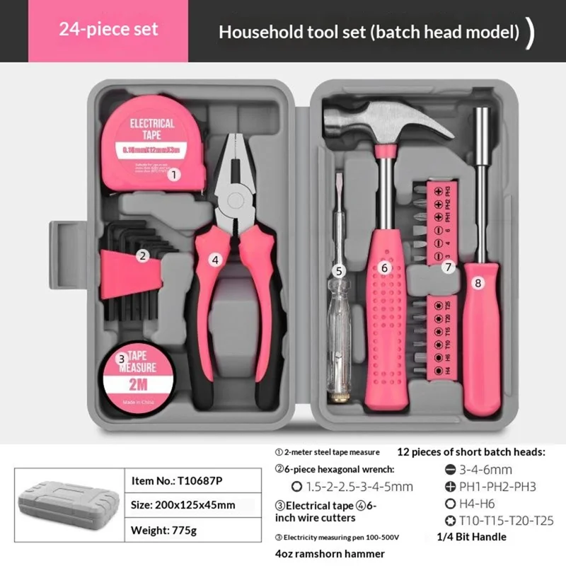 24Pcs Household Tool Set Screwdriver Bits Kit Pliers Hammer Measuring Tape Electrical Tester Tool Kit for Home Repair - Pink