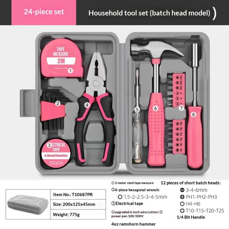 24Pcs Household Tool Set Screwdriver Bits Kit Upgraded Pliers Hammer Measuring Tape Electrical Tester Tool Kit for Home Repair - Pink