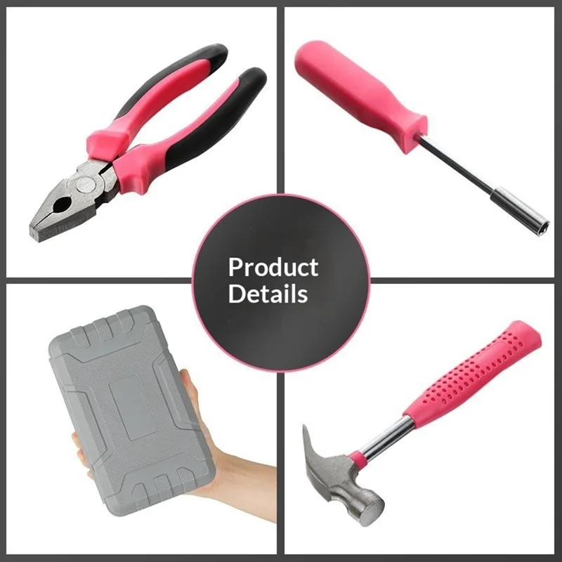 24Pcs Household Tool Set Screwdriver Bits Kit Upgraded Pliers Hammer Measuring Tape Electrical Tester Tool Kit for Home Repair - Pink