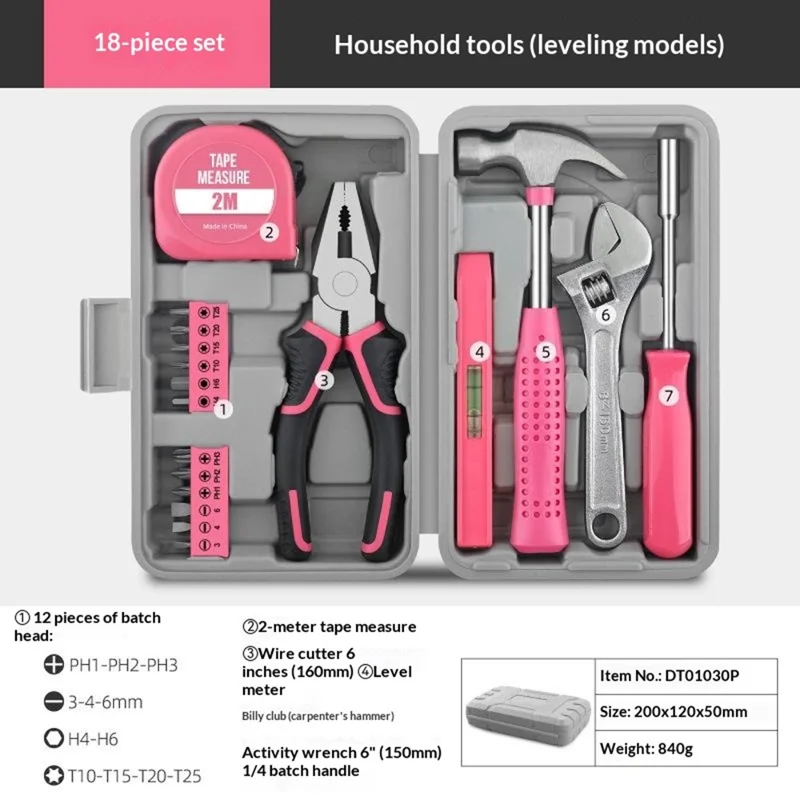 18Pcs Tool Set Household Hardware Repair Kit with Tape Measure Pliers Screwdriver Hammer Level - Pink