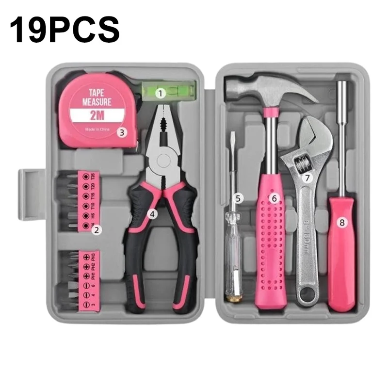 19Pcs Tool Kit Set Household Repair Tools Box with Level Bubble Voltage Tester Wrench Pliers for Home - Pink