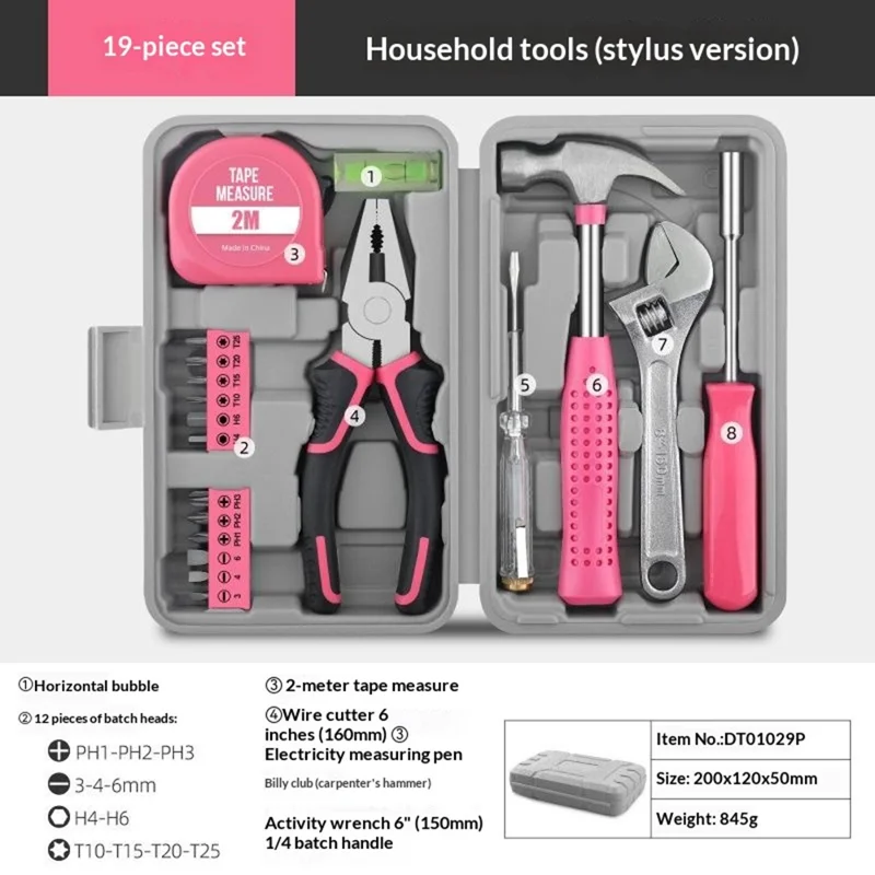 19Pcs Tool Kit Set Household Repair Tools Box with Level Bubble Voltage Tester Wrench Pliers for Home - Pink