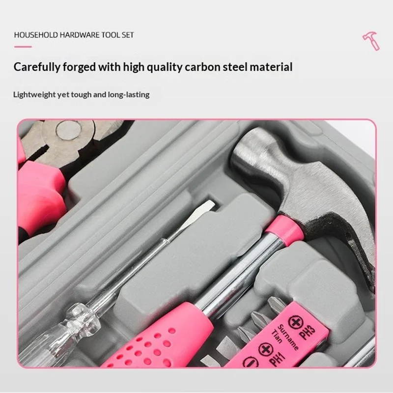 19Pcs Tool Kit Set Household Repair Tools Box with Level Bubble Voltage Tester Wrench Pliers for Home - Pink