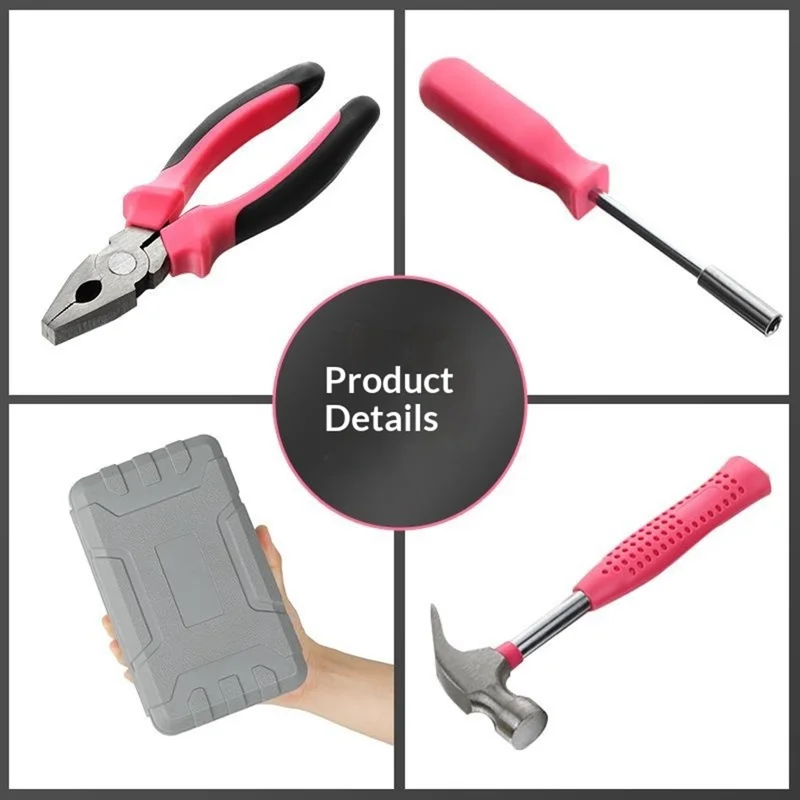 19Pcs Tool Kit Set Household Repair Tools Box with Level Bubble Voltage Tester Wrench Pliers for Home - Pink