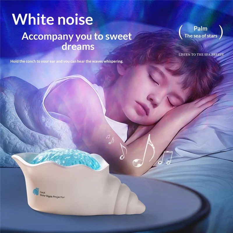 Y-10 Projecteur de Nuit en Forme de Coquille Conque, Lampe de Projection avec Effet d'Ondulation d'Eau Dynamique et Bruit Blanc Intégré, 2000 mAh, pour Chambre à Coucher