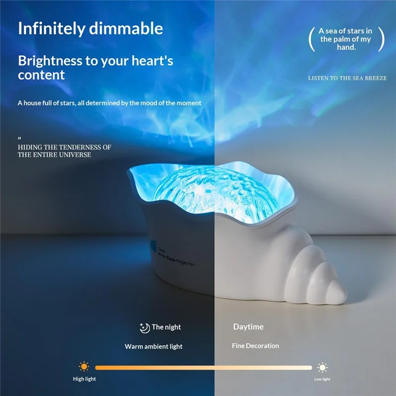 Y-10 Projecteur de Nuit en Forme de Coquille Conque, Lampe de Projection avec Effet d'Ondulation d'Eau Dynamique et Bruit Blanc Intégré, 2000 mAh, pour Chambre à Coucher