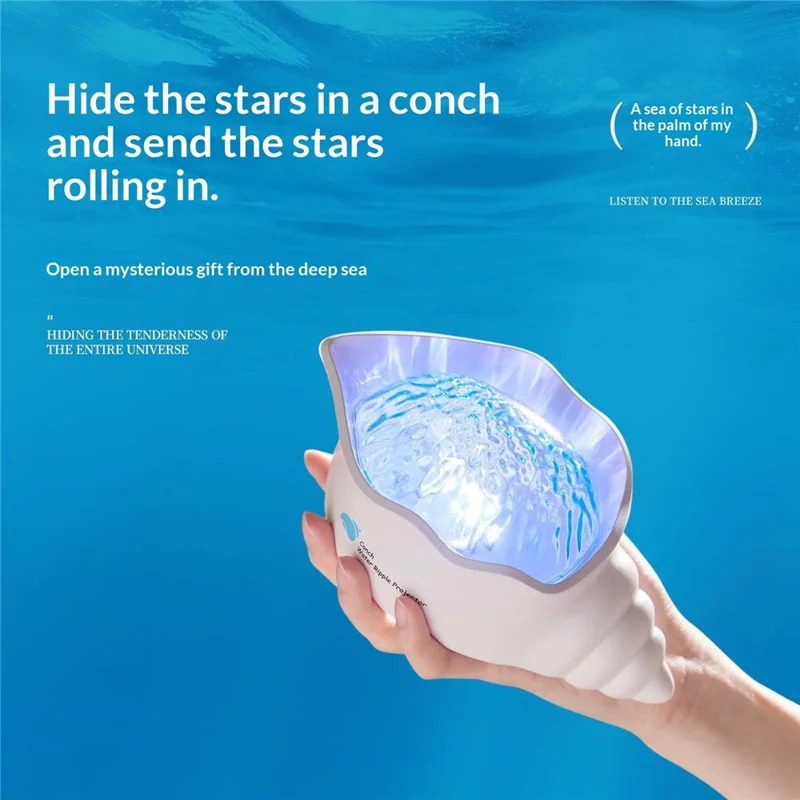 Y-10 Projecteur de Nuit en Forme de Coquille Conque, Lampe de Projection avec Effet d'Ondulation d'Eau Dynamique et Bruit Blanc Intégré, 2000 mAh, pour Chambre à Coucher