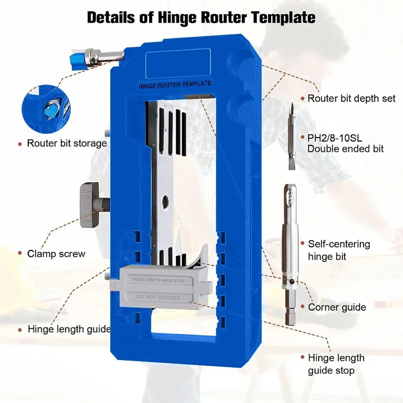 Kit regolabile per incassatura cerniere per porte, guida per fresatura per l'installazione di cerniere da 3-5 pollici - Blu