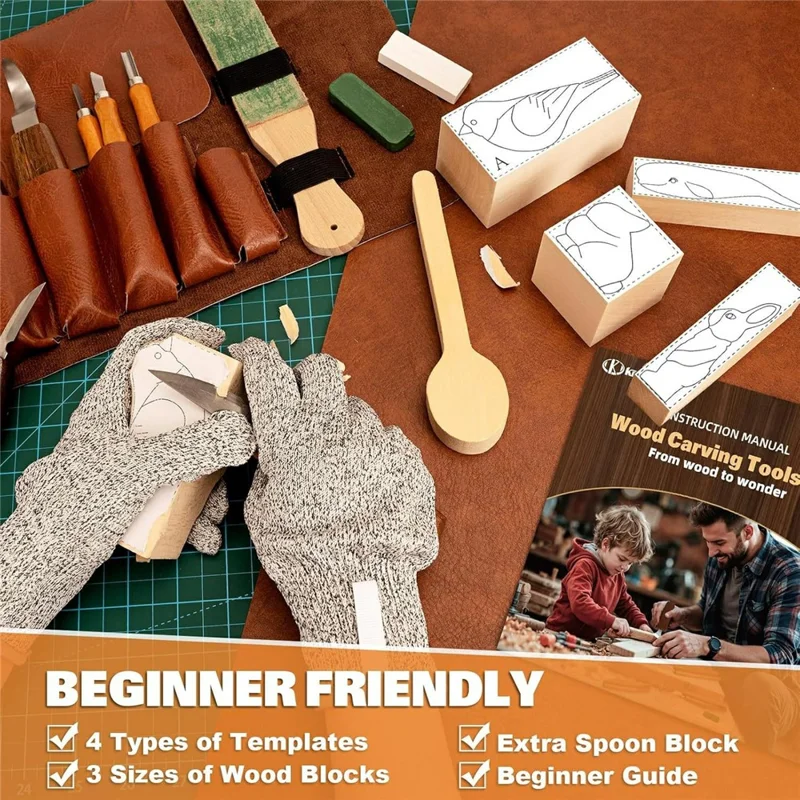 29Pcs Wood Carving Tool Kit Hand Carving Knife Set with PU Leather Roll-up Bag