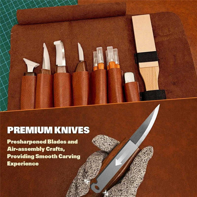 29Pcs Wood Carving Tool Kit Hand Carving Knife Set with PU Leather Roll-up Bag