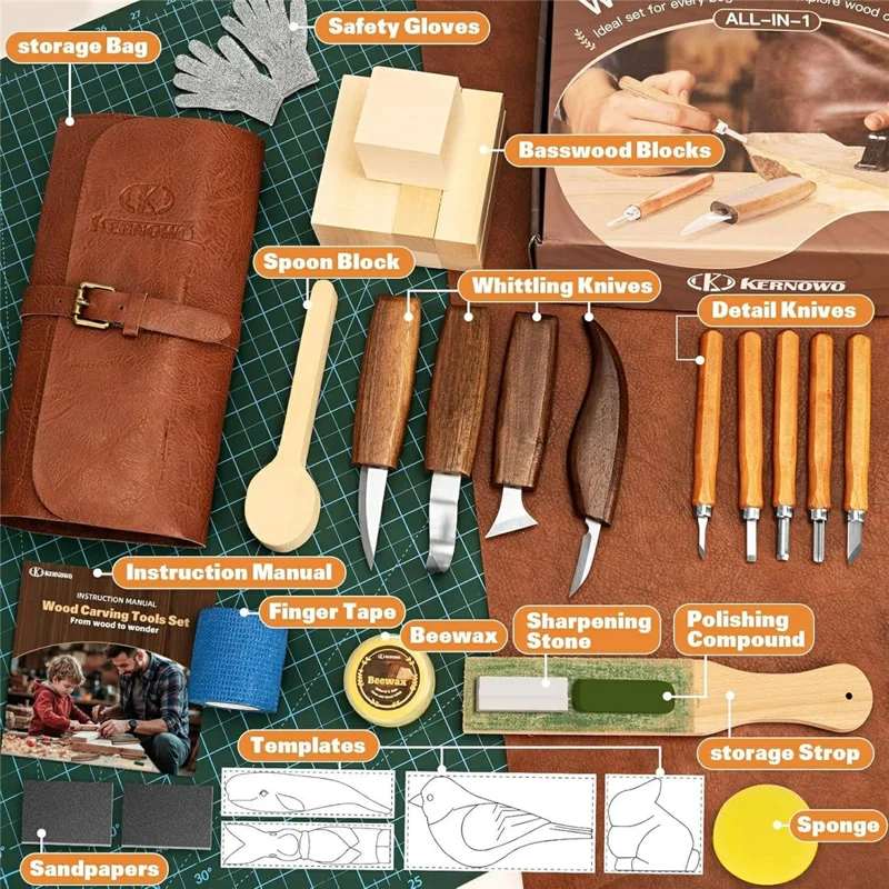 29Pcs Wood Carving Tool Kit Hand Carving Knife Set with PU Leather Roll-up Bag