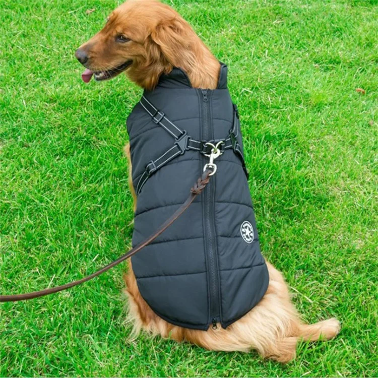 Pet Dog Zipper Coat Waterproof Winter Vest Jacket Puppy Outwear [without Dog Leash] - Black/4XL