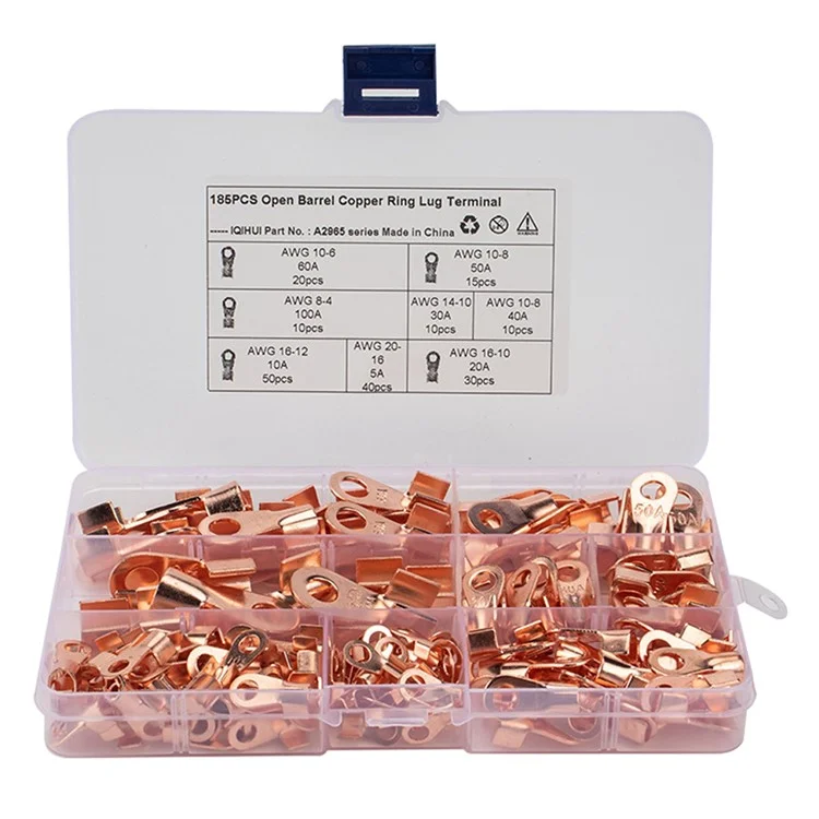 a2965 185pcs open barrel terminals set 5a / 10a / 20a / 30a / 40a / 50a / 60a / 100a fil de câble à sertissage lug connecteurs de bornes en cuivre