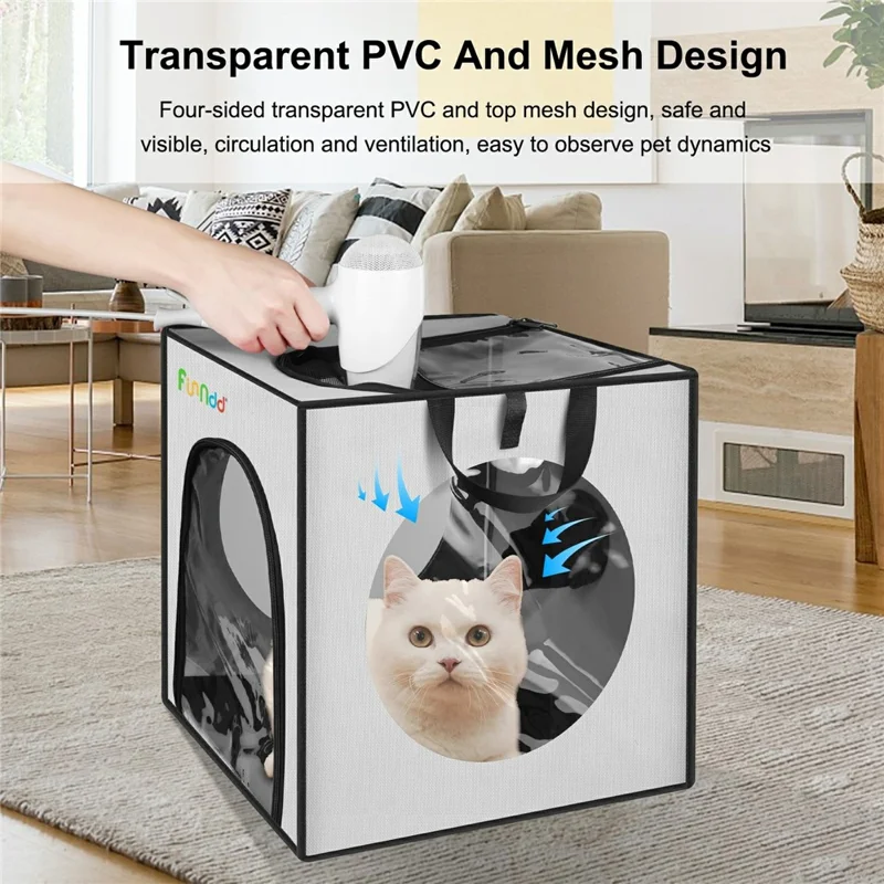 FUNADD FA2001 600D Nylon Pet Drying Box Dog Cat Hair Blowing Dry Box with Clear PVC Window - White