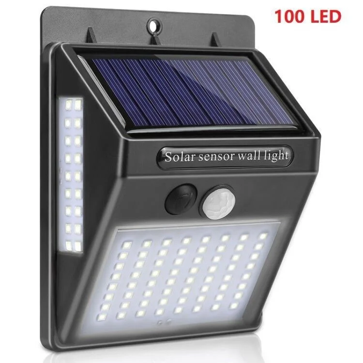 Lâmpada solar de parede à prova d'água com controle de movimento corporal, três lados, alta luminosidade, 100 LEDs 
