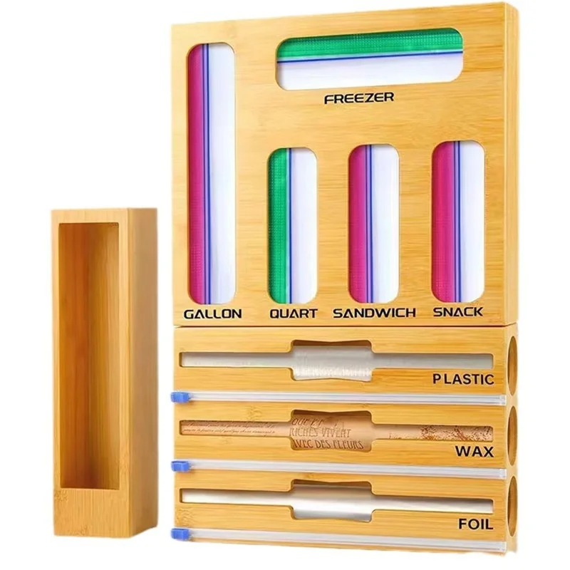9 in 1 Kitchen Plastic Wrap Cutting Box Food Storage Bags Bamboo Dispenser Box
