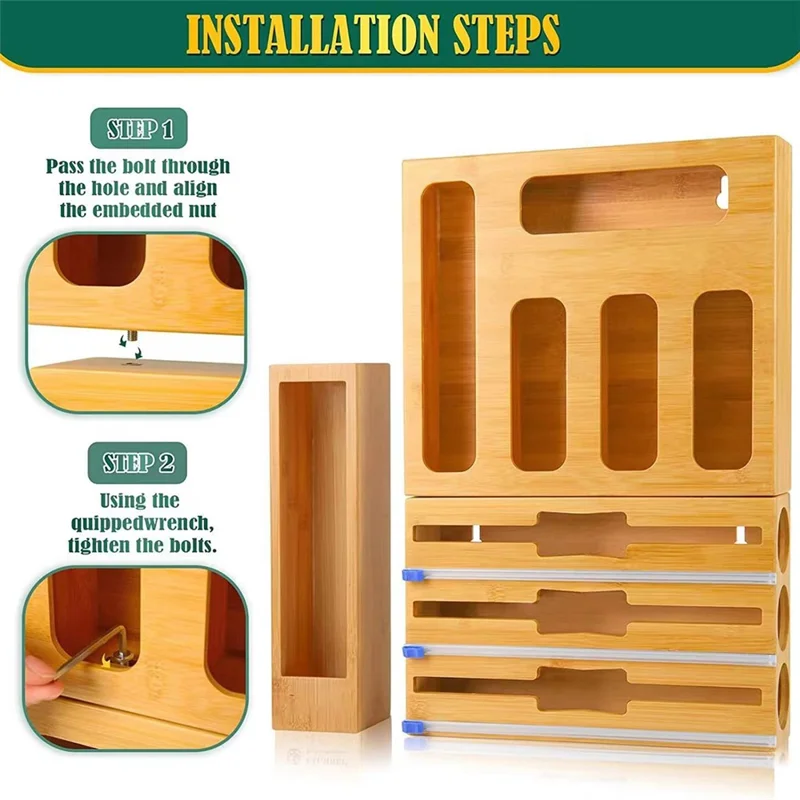 9 in 1 Kitchen Plastic Wrap Cutting Box Food Storage Bags Bamboo Dispenser Box