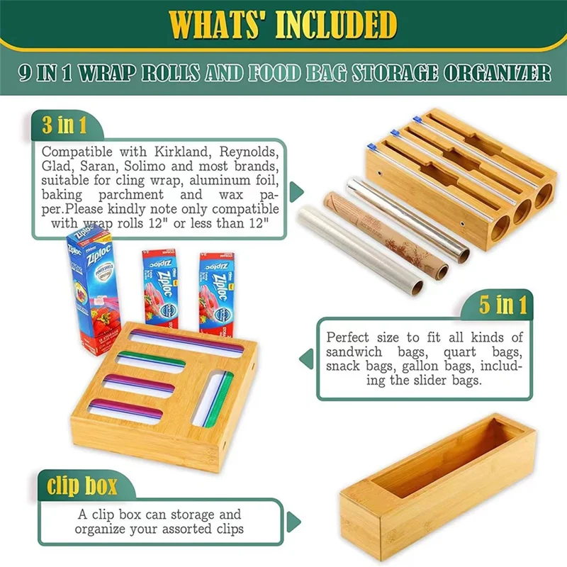 9 in 1 Kitchen Plastic Wrap Cutting Box Food Storage Bags Bamboo Dispenser Box