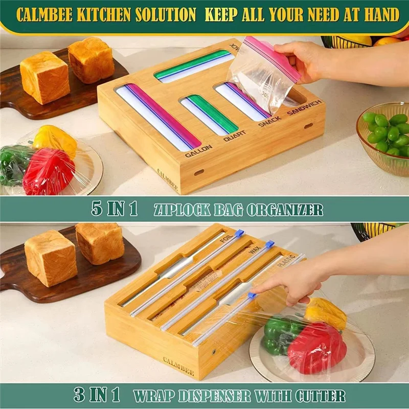 9 in 1 Kitchen Plastic Wrap Cutting Box Food Storage Bags Bamboo Dispenser Box