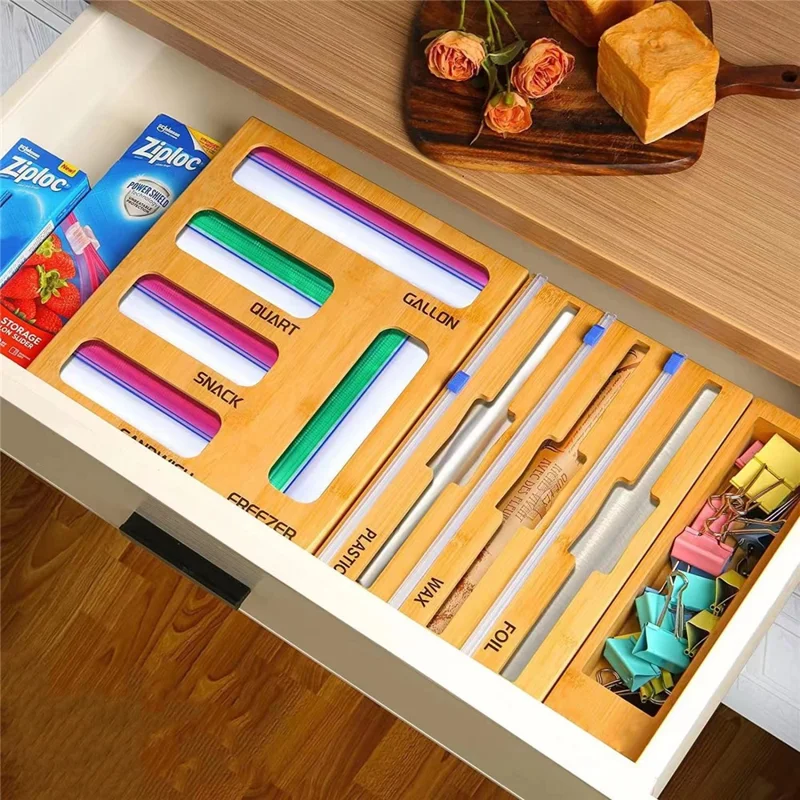 9 in 1 Kitchen Plastic Wrap Cutting Box Food Storage Bags Bamboo Dispenser Box