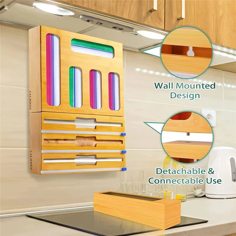 9 in 1 Kitchen Plastic Wrap Cutting Box Food Storage Bags Bamboo Dispenser Box