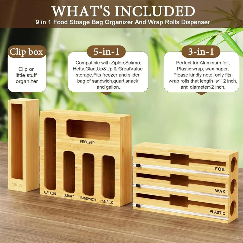 9 in 1 Kitchen Plastic Wrap Cutting Box Food Storage Bags Bamboo Dispenser Box