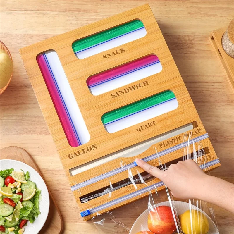 9 in 1 Kitchen Plastic Wrap Cutting Box Food Storage Bags Bamboo Dispenser Box