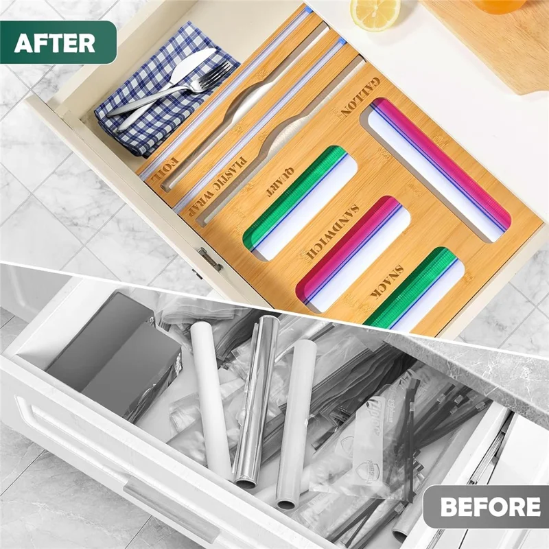 9 in 1 Kitchen Plastic Wrap Cutting Box Food Storage Bags Bamboo Dispenser Box