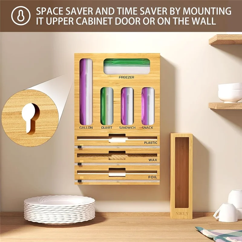 9 in 1 Kitchen Plastic Wrap Cutting Box Food Storage Bags Bamboo Dispenser Box