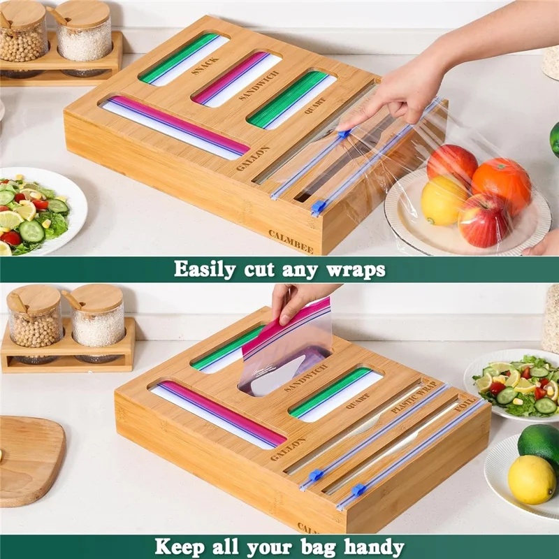 9 in 1 Kitchen Plastic Wrap Cutting Box Food Storage Bags Bamboo Dispenser Box