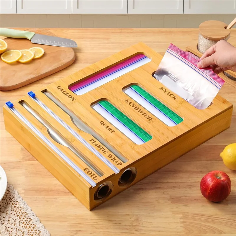 9 in 1 Kitchen Plastic Wrap Cutting Box Food Storage Bags Bamboo Dispenser Box
