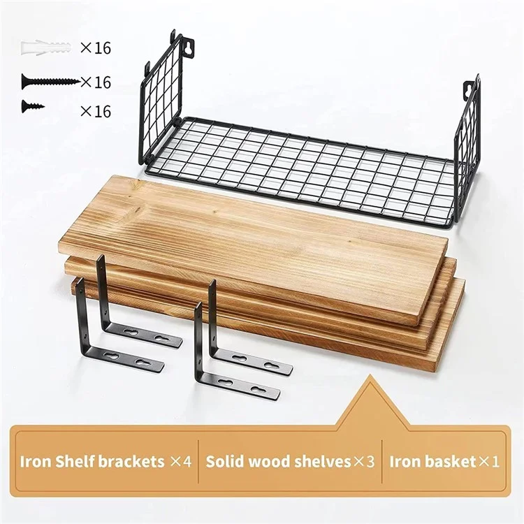 Set da 3 pezzi / Mensola a parete in filo di ferro, in legno rack per spezie, piante in vaso