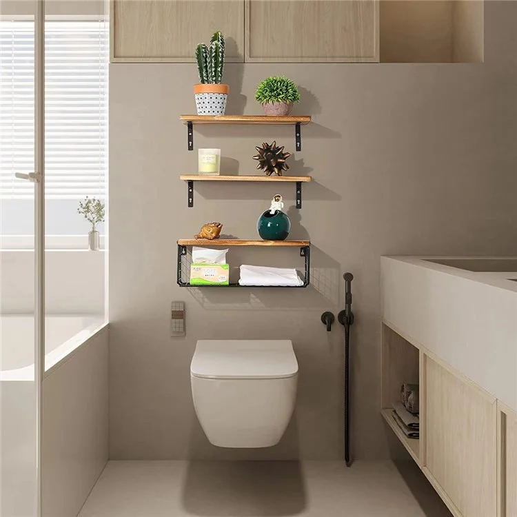 Set da 3 pezzi / Mensola a parete in filo di ferro, in legno rack per spezie, piante in vaso