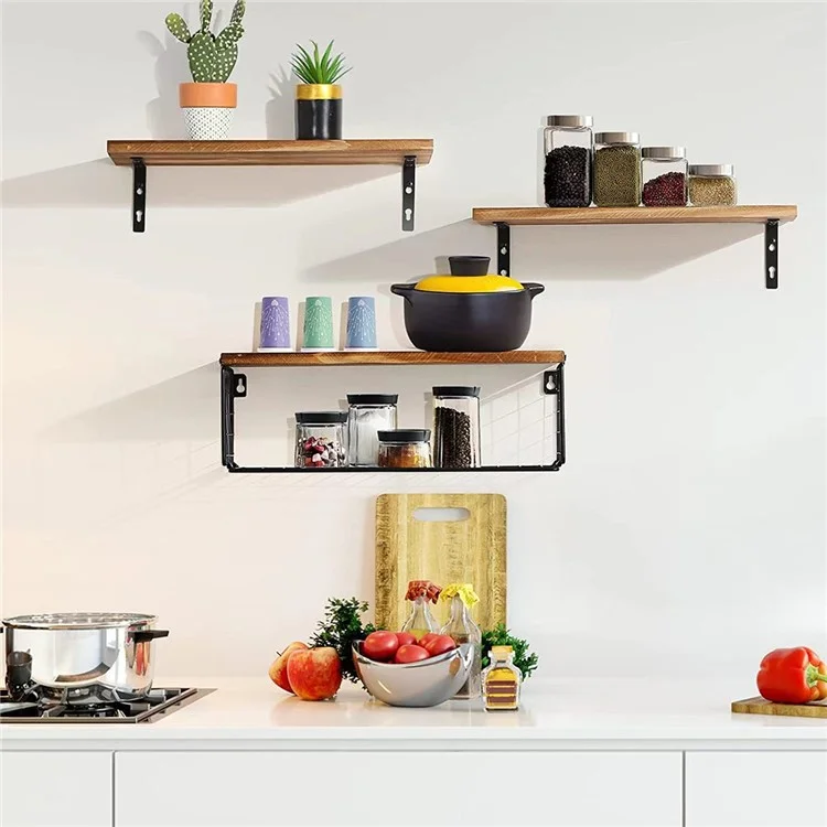 Set da 3 pezzi / Mensola a parete in filo di ferro, in legno rack per spezie, piante in vaso