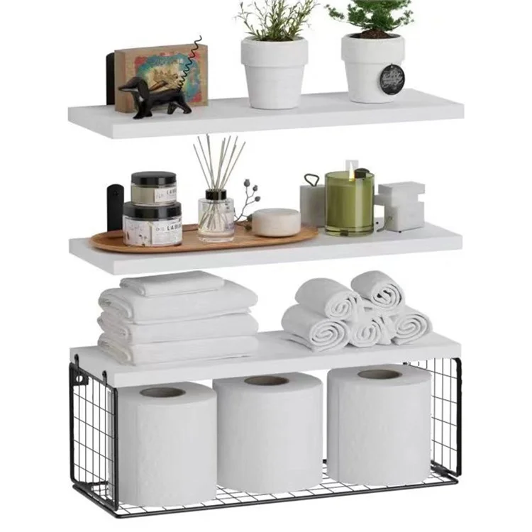 Wall Mounted Suspended Partition Wooden Board Iron Wire Basket Bathroom Living Room Storage Rack - White