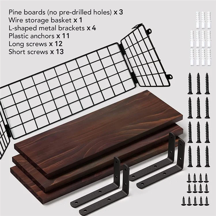 Wall Mounted Suspended Partition Wooden Board Iron Wire Basket Bathroom Living Room Storage Rack - White
