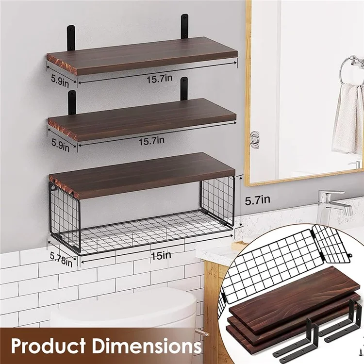 Wall Mounted Suspended Partition Wooden Board Iron Wire Basket Bathroom Living Room Storage Rack - White