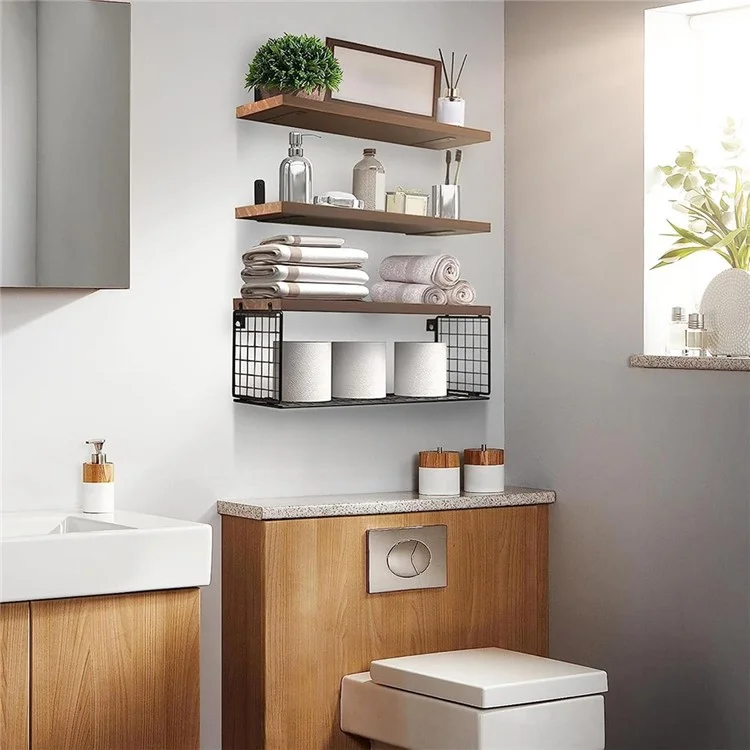 Wall Mounted Suspended Partition Wooden Board Iron Wire Basket Bathroom Living Room Storage Rack - White