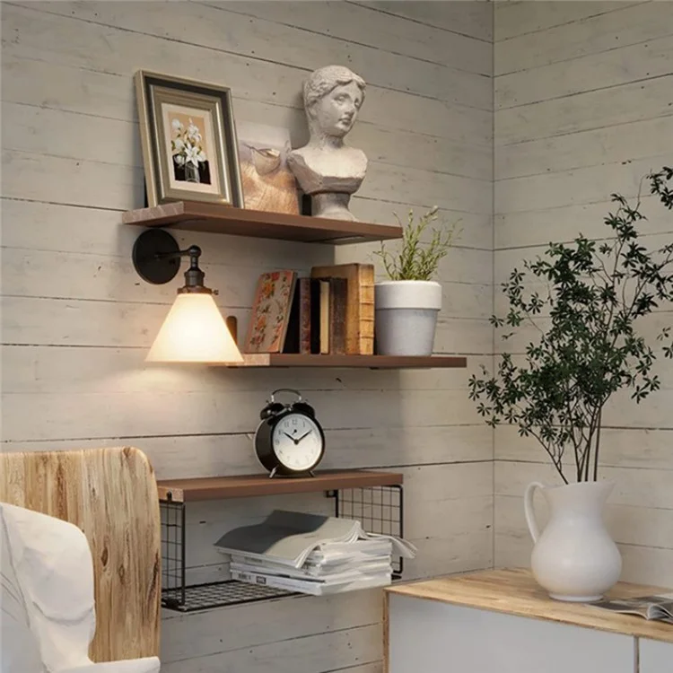 Wall Mounted Suspended Partition Wooden Board Iron Wire Basket Bathroom Living Room Storage Rack - White