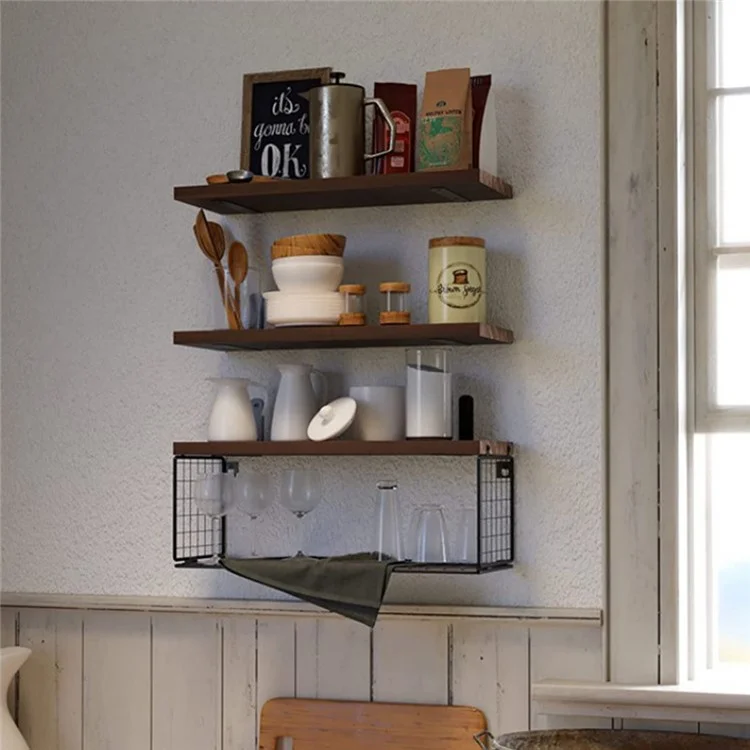 Wall Mounted Suspended Partition Wooden Board Iron Wire Basket Bathroom Living Room Storage Rack - White