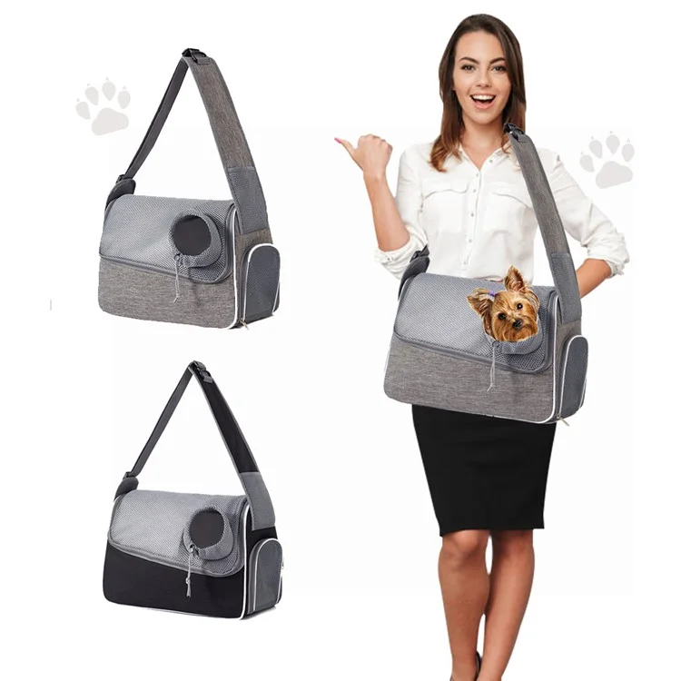 Bolsa portátil para mascotas QS-114 de tela catiónica de 300D, transpirable, de bandolera, para gatos y perros - Gris