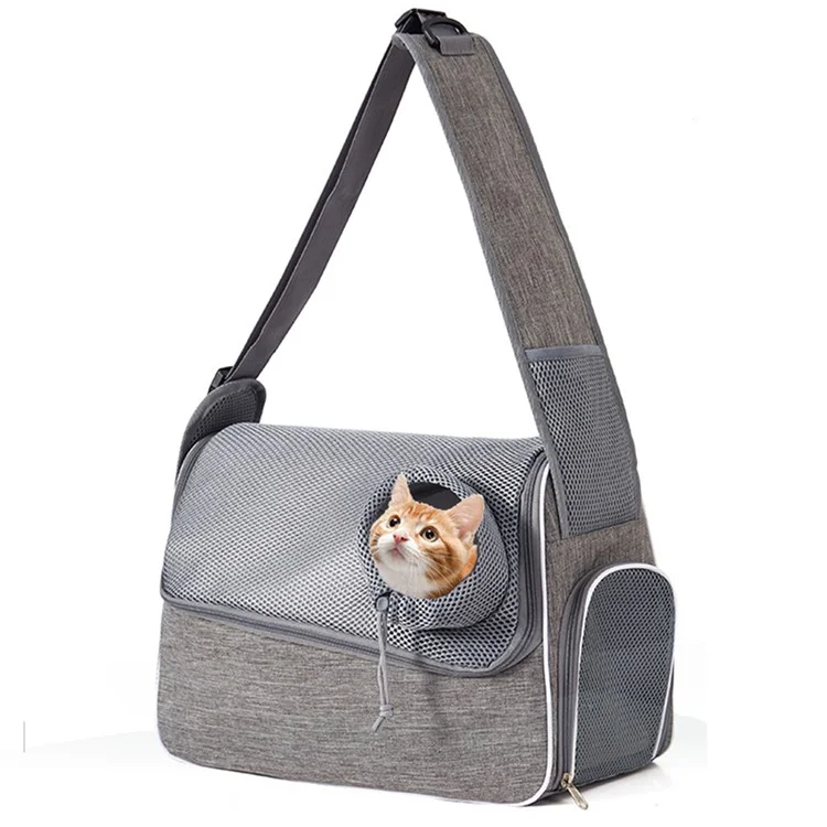 Bolsa portátil para mascotas QS-114 de tela catiónica de 300D, transpirable, de bandolera, para gatos y perros - Gris