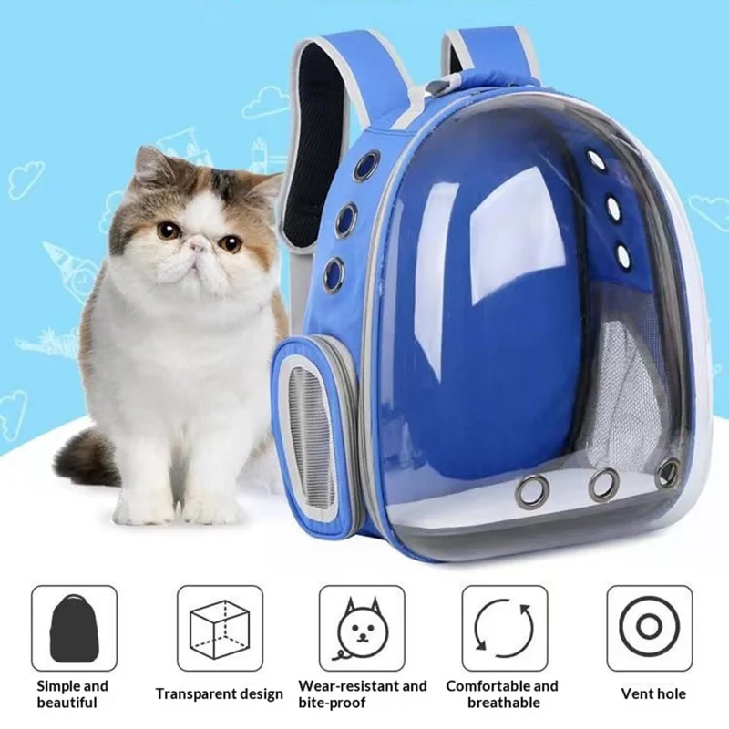 Sac à dos transport pour chat en tissu Oxford, sac à dos transparent pour animaux domestiques avec 9 trous de ventilation, sac à bandoulière double respirant - Bleu roi